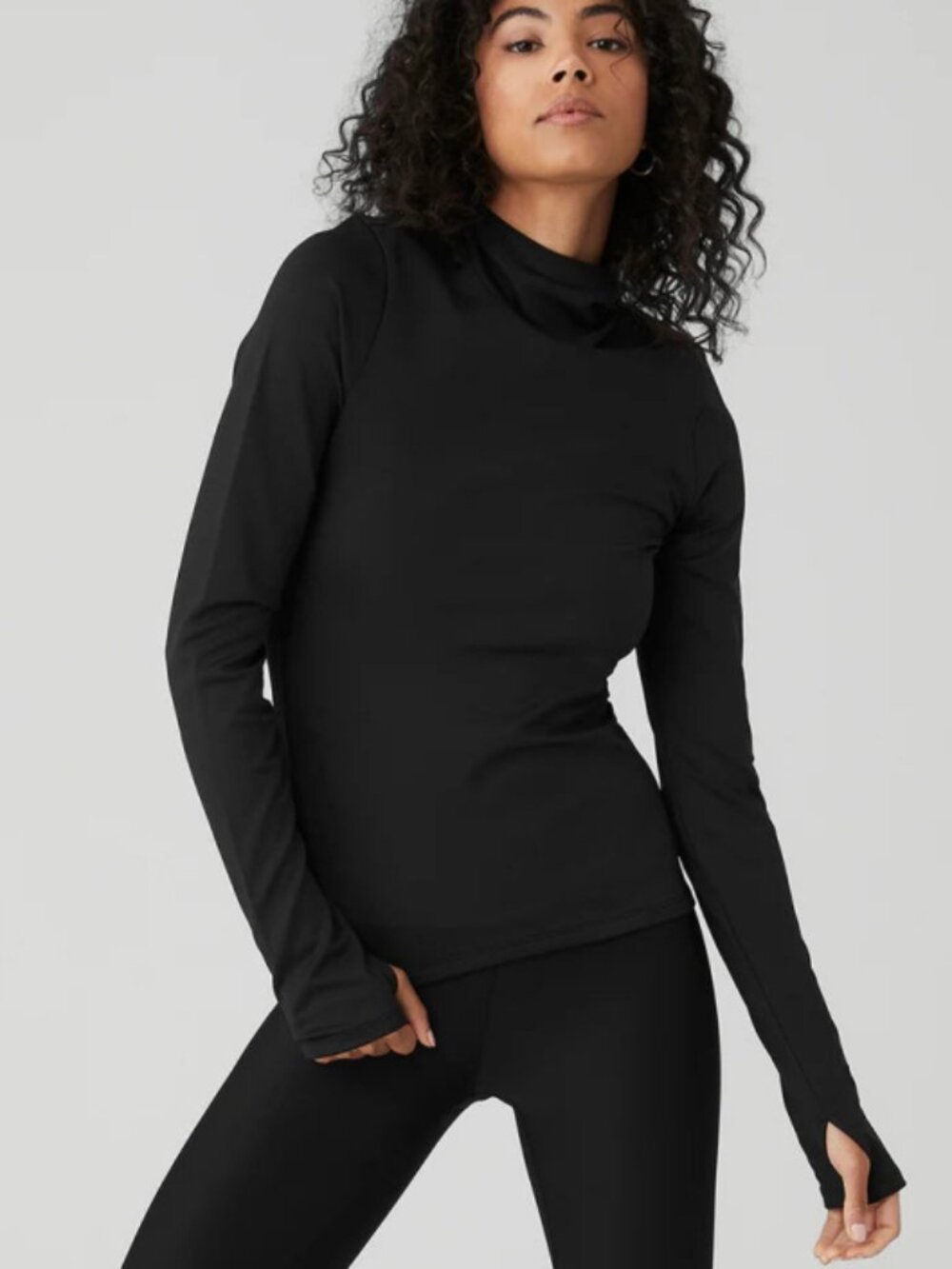 Alo Airlift Winter Warm Hooded Runner Black Brushed Fleece Hood Pullover Hoodie